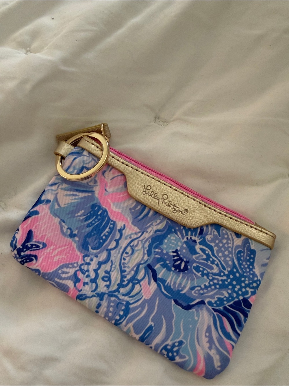 Lilly Pulitzer Blue & Pink Floral Zip Wristlet with Gold Trim